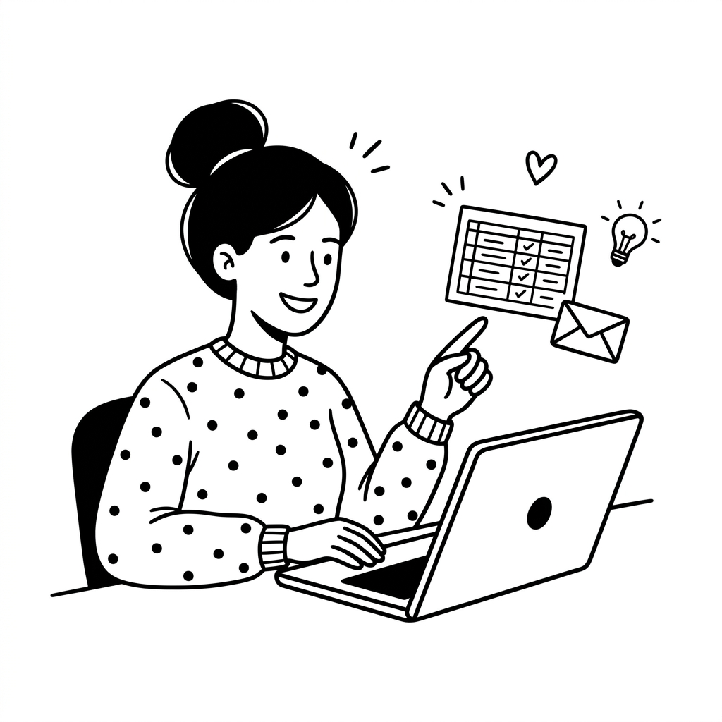 Line drawing of an agency owner at her laptop, pointing to a spreadsheet and an email