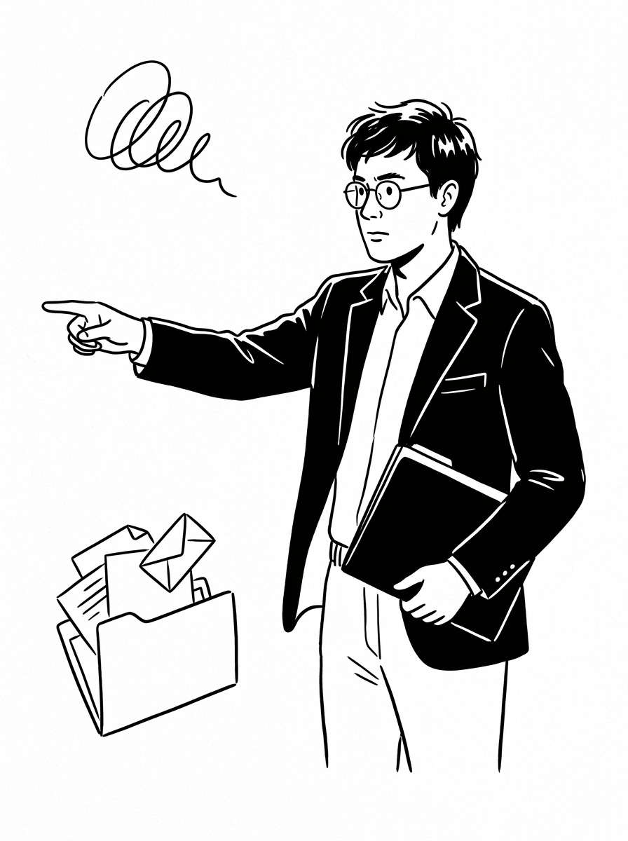 Line drawing of a man in a jacket pointing the way, with a folder of emails beside him