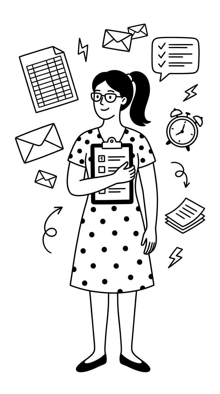 Line drawing of an agency owner holding a ranked checklist, surrounded by spreadsheets and emails